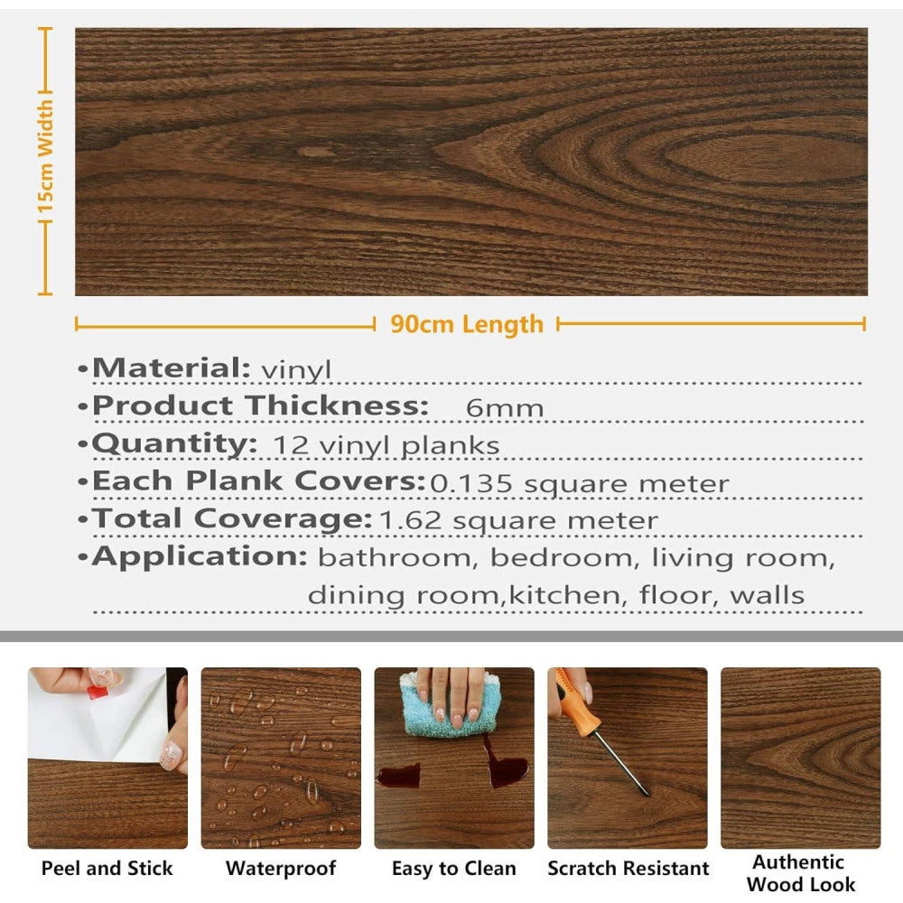 Trade Shop - Pavimento Finto Parquet Effetto Legno Piastrelle Adesive 15x90cm Spessore 6mm -