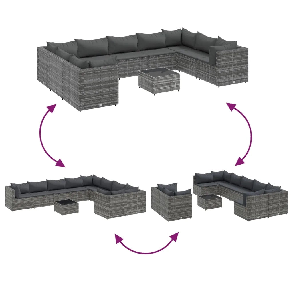 vidaXL Set Divano da Giardino 10 pz con Cuscini Grigio in Polyrattan