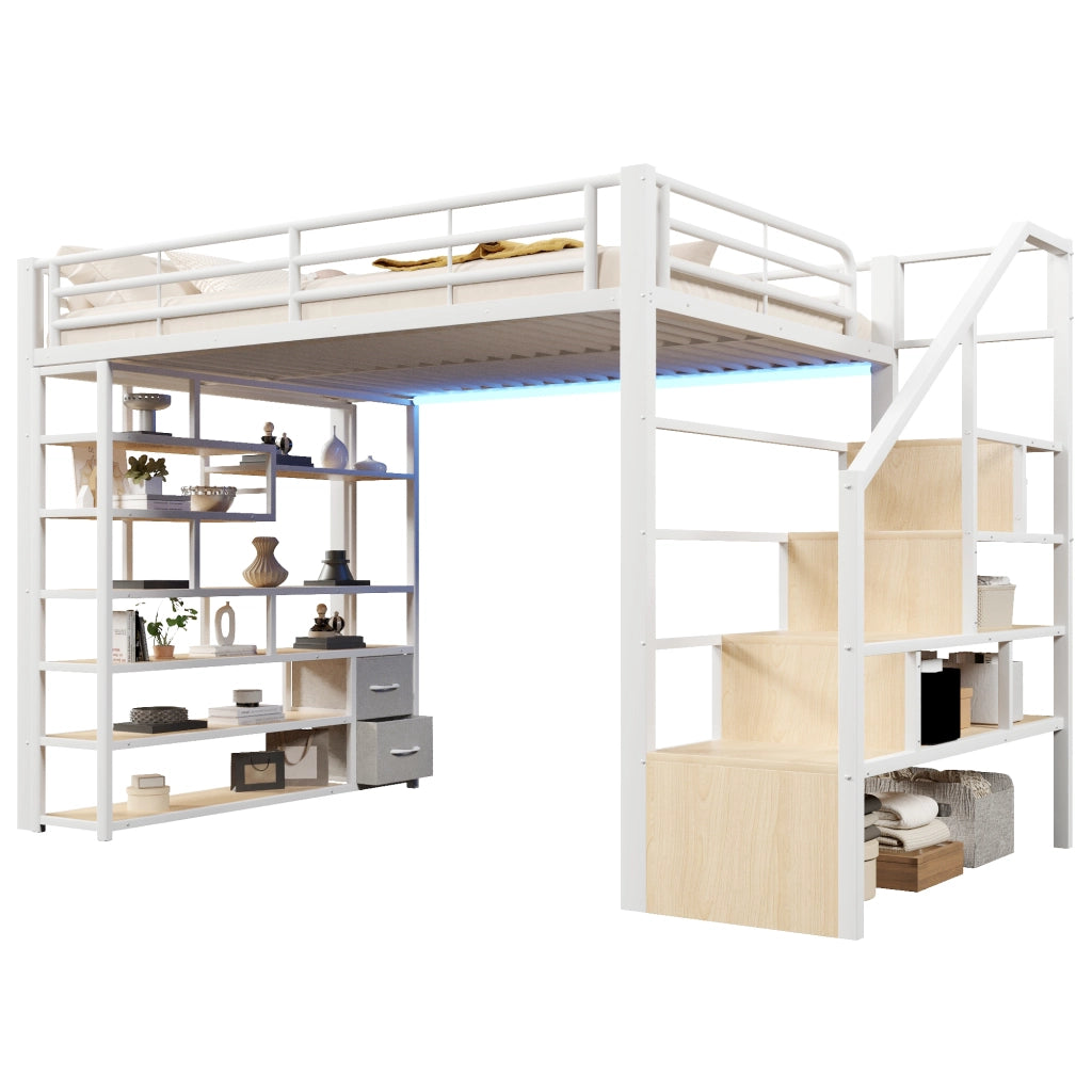 Letto a soppalco in metallo 140x200 cm con vani portaoggetti; scala integrata; LED; 2 cassetti in tessuto; bianco
