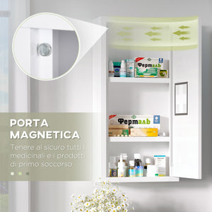 Armadietto Medicinali a 3 Ripiani con Porta Magnetica 30x12x60 cm in Acciaio Bianco