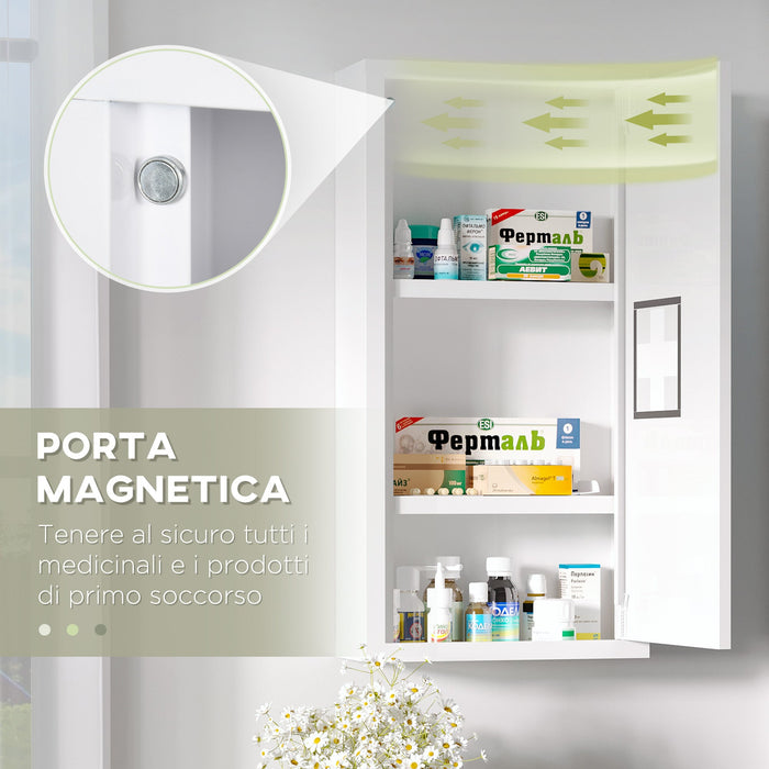 Armadietto Medicinali a 3 Ripiani con Porta Magnetica 30x12x60 cm in Acciaio Bianco