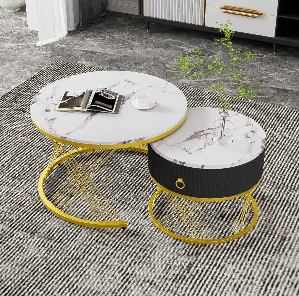 Set di 2 tavolini da salotto componibili bianchi effetto marmo con cassetto