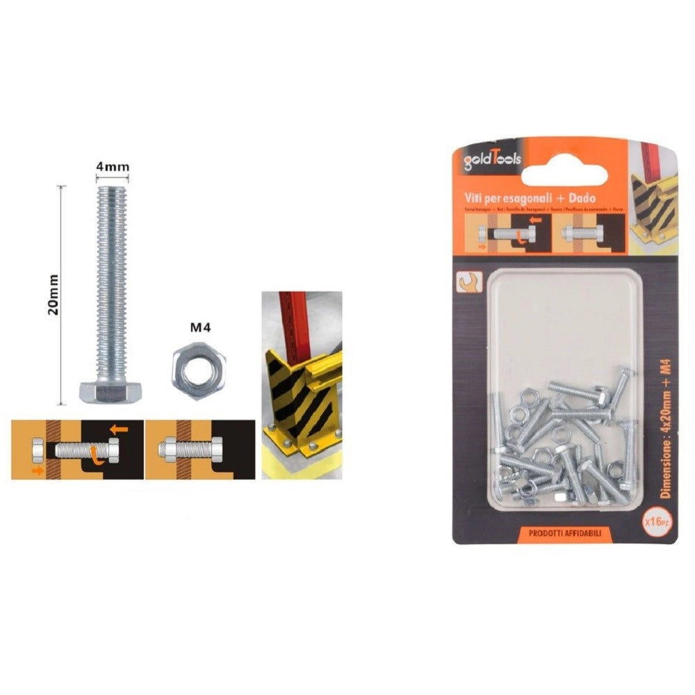 Trade Shop - Set 16 Pz Vite Viti Per Esterno A Testa Esagonali 4x20 Mm Con Dadi Dado M4 90905 -