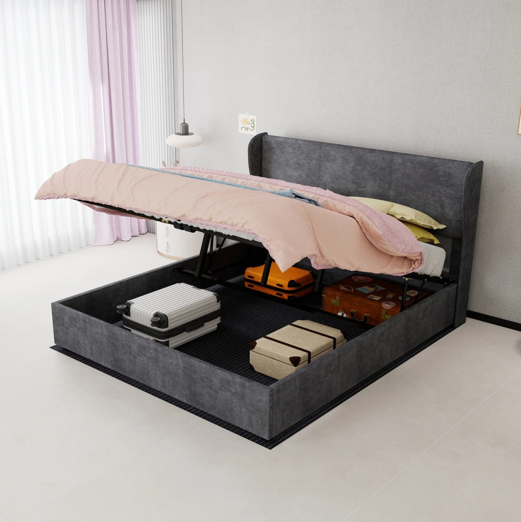 Letto imbottito 160 x 200 cm con testiera in tessuto grigio