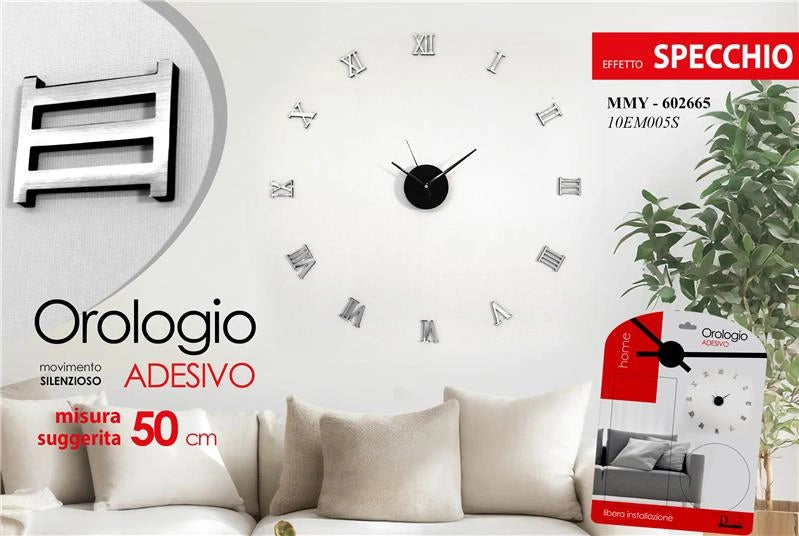 OROLOGIO ADESIVO DA PARETE NUMERI ROMANI SILENZIOSO EFFETTO SPECCHIO 50CM