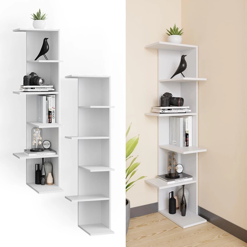 Scaffale angolare Tera, Bianco, 37 x 140.1 cm, utilizzabile per riporre libri e oggetti decorativi