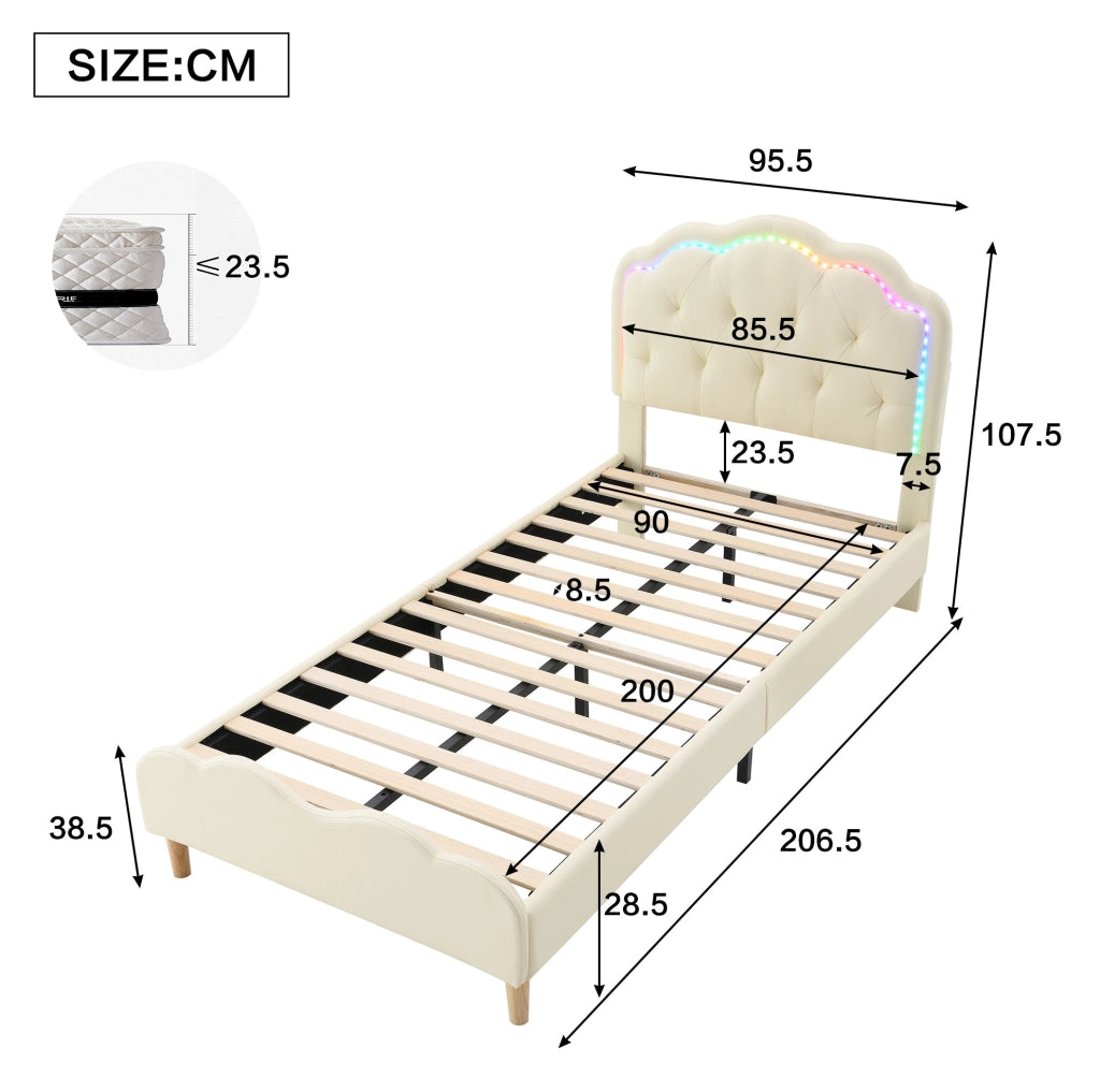 Letto imbottito 90x200 cm con testiera ondulata e LED multicolore in PU beige