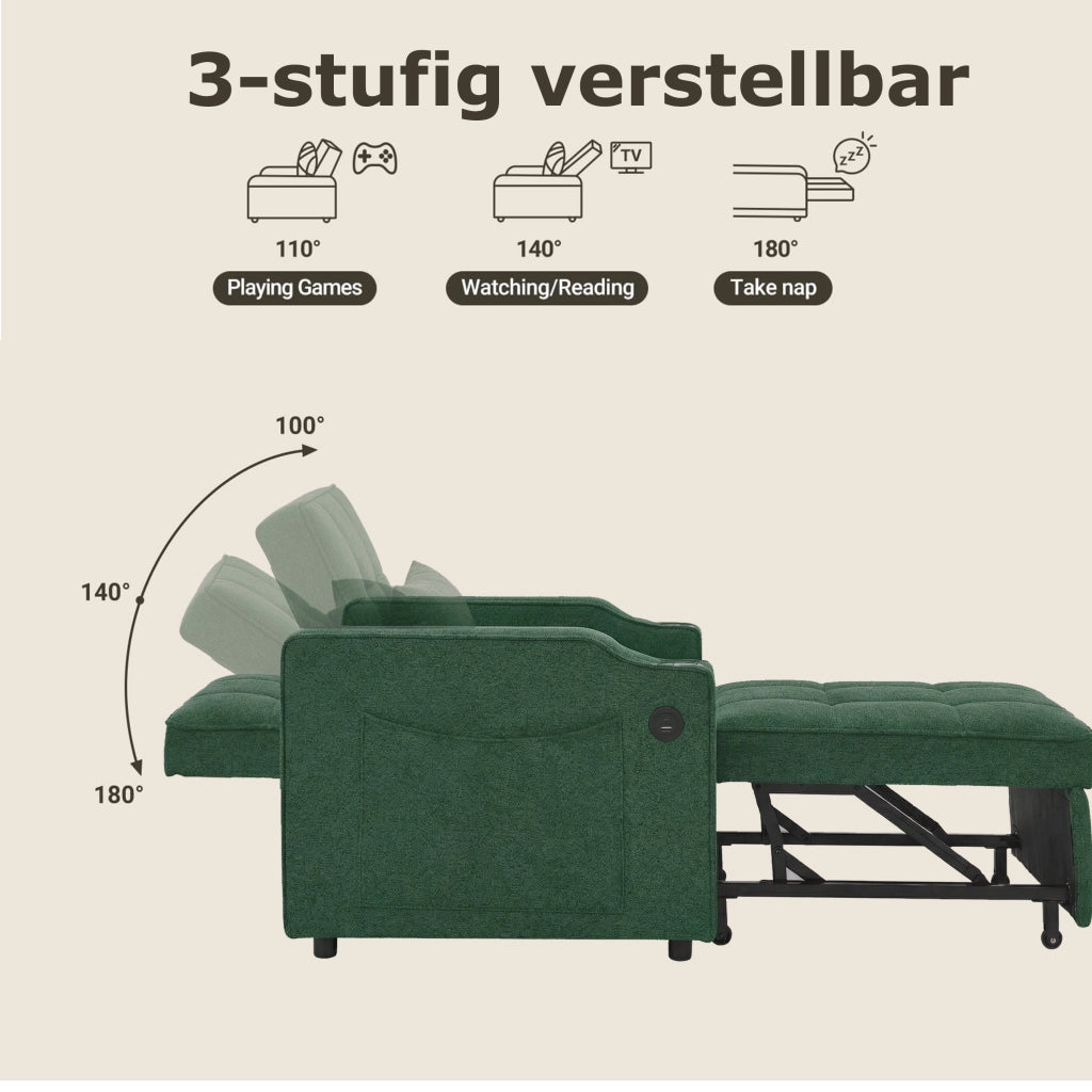 Fauteuil convertible con funzione letto, schienale regolabile, USB e portabicchieri, in tessuto verde 190 cm