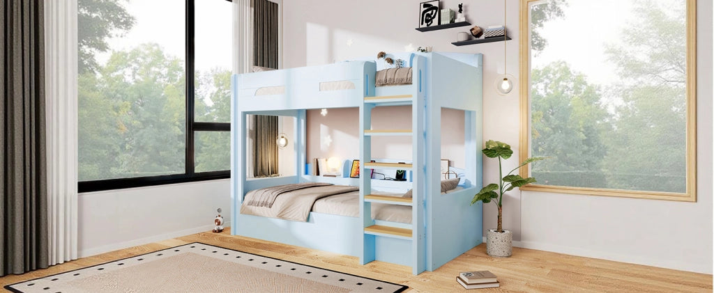 Letto a castello con letto inferiore e presa USB, mensole integrate, colore azzurro chiaro