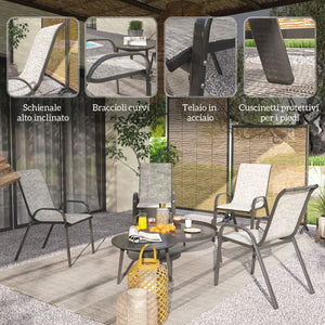 Set 4 Sedie da Giardino 54x71x93 cm Impilabili con Braccioli Curvi in Acciaio e Tessuto Traspirante Grigio