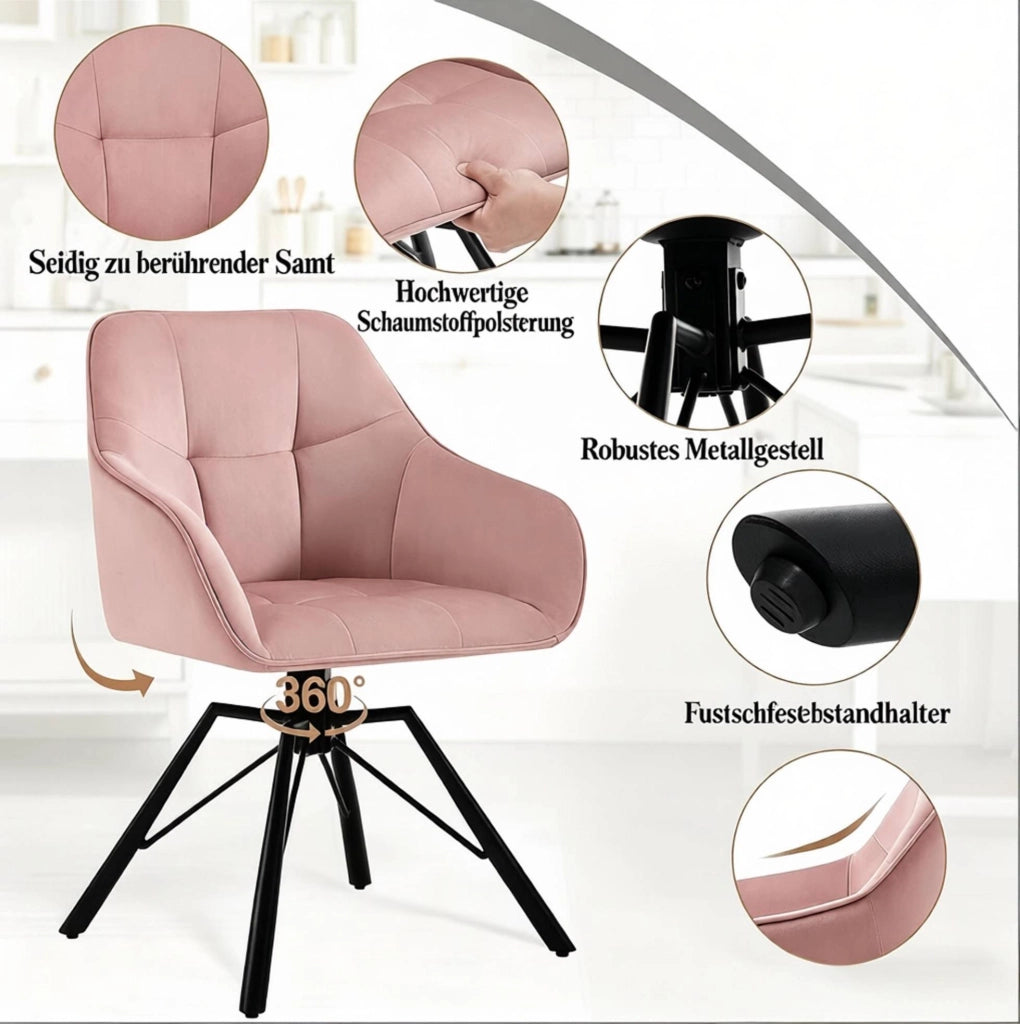 Set di 2 sedie girevoli in velluto rosa con braccioli