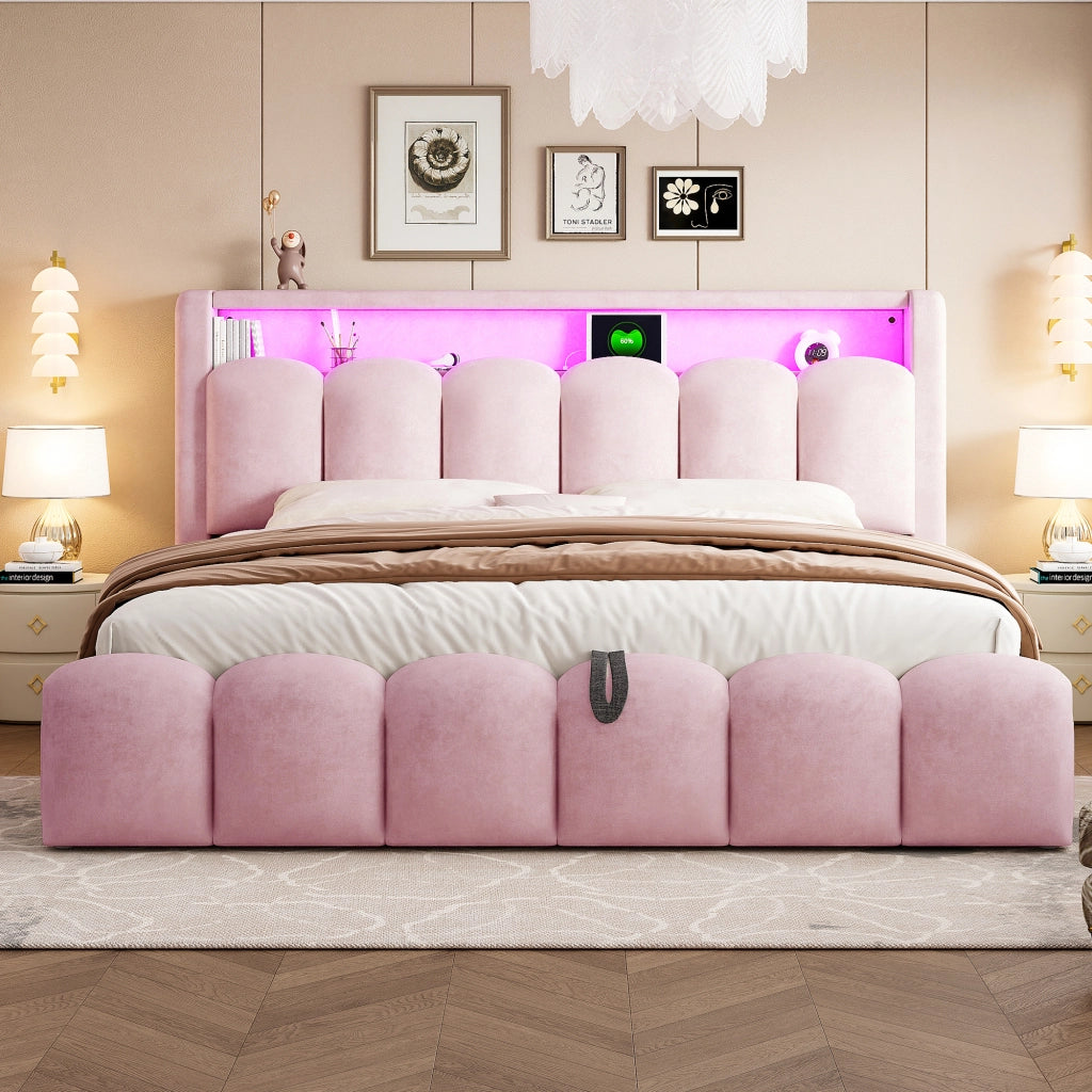 Letto imbottito con contenitore idraulico, USB-C e LED, 180x200 cm, velluto rosa