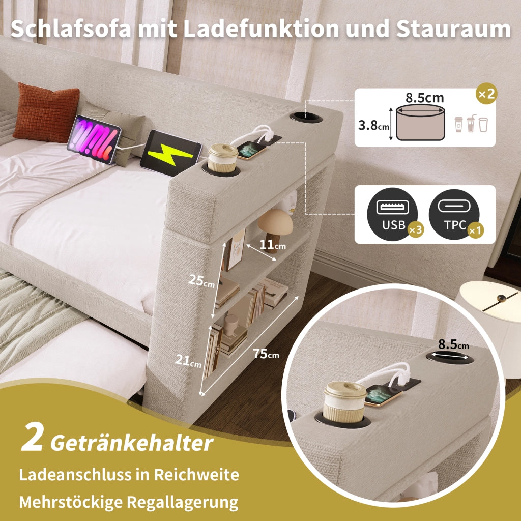 Letto divano singolo 90 × 190 cm con letto estraibile, 3 USB, Type C e portabicchieri, senza materasso beige