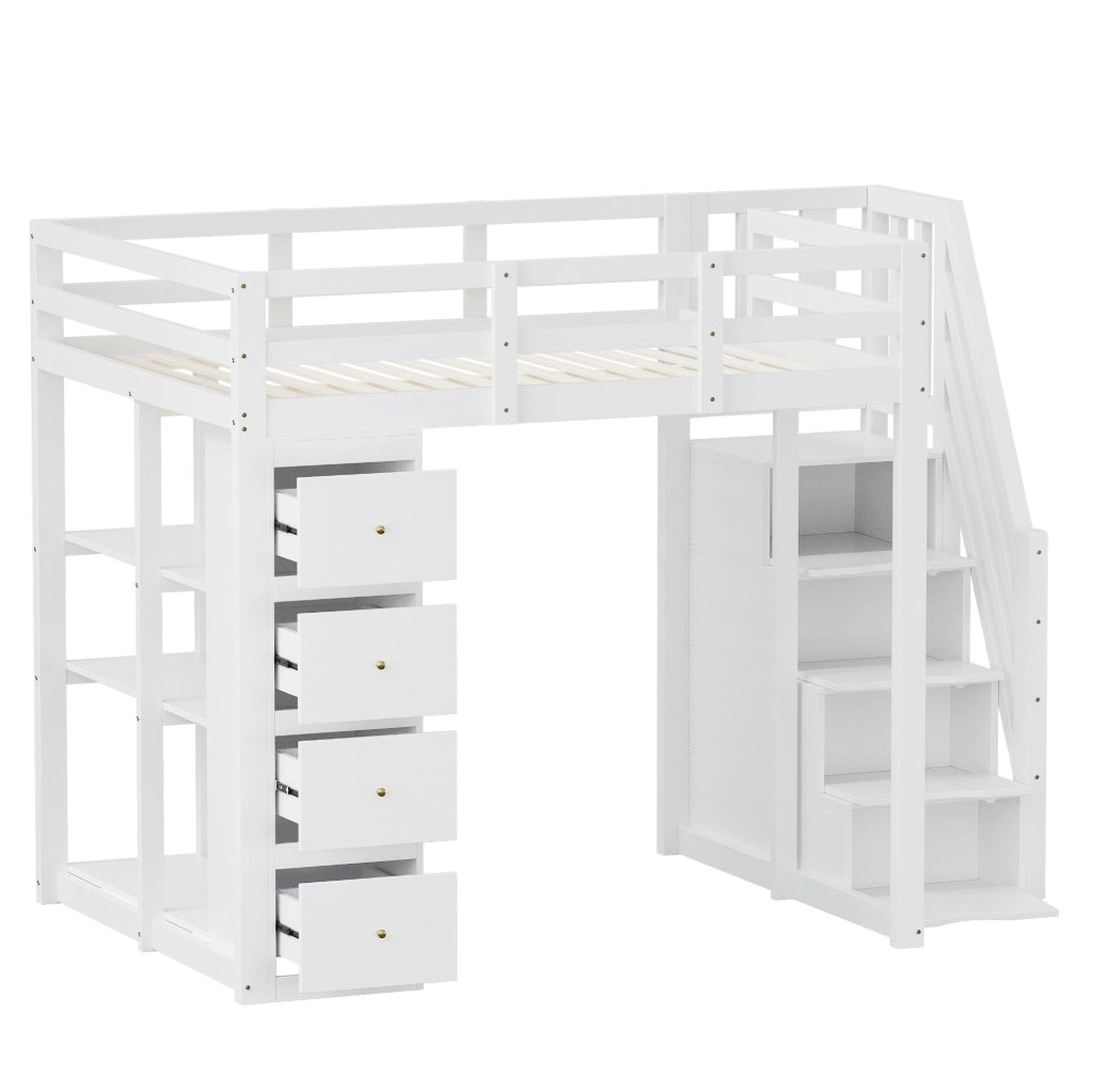 Letto a soppalco 140x200 cm con 4 cassetti; ripiani e scala laterale; bianco