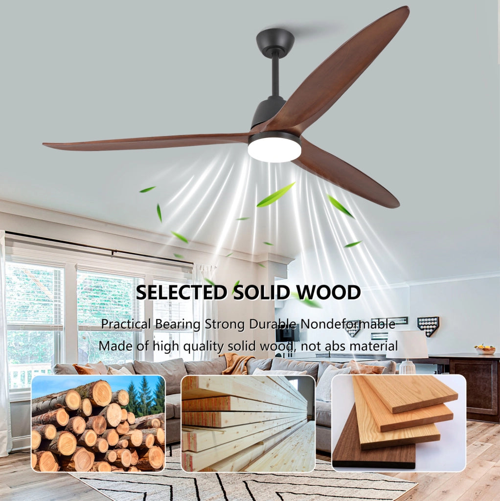 Ventilatore da soffitto moderno da 72 pollici con 3 pale in legno d'acero; luce LED dimmerabile; nero e noce scuro