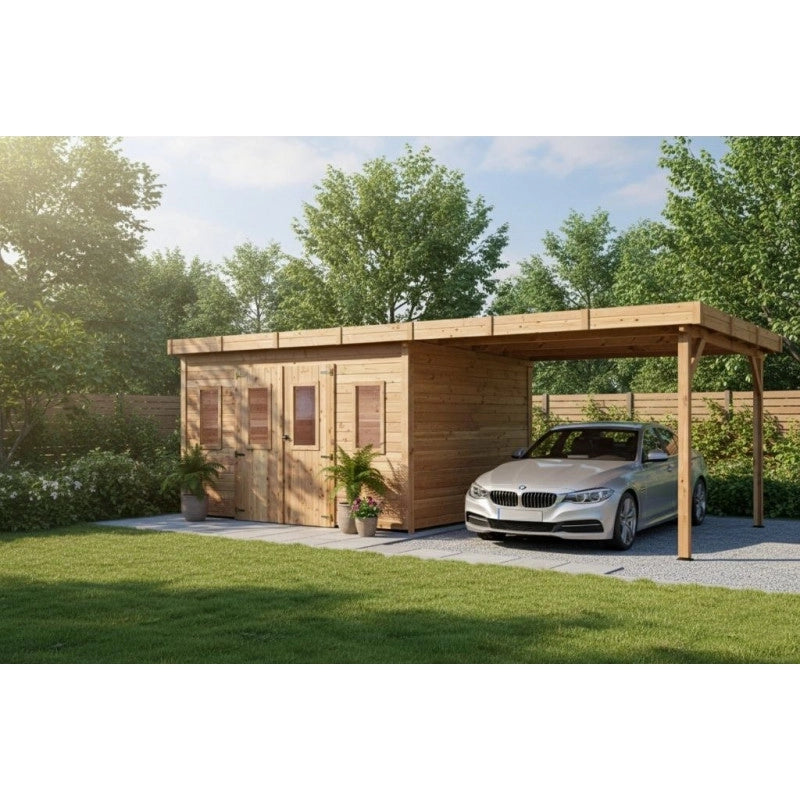 Casetta da giardino in legno 280x680 cm con legnaia – Spessore pareti 28 mm – Tetto piano in acciaio – DIN4030.02B Foresta
