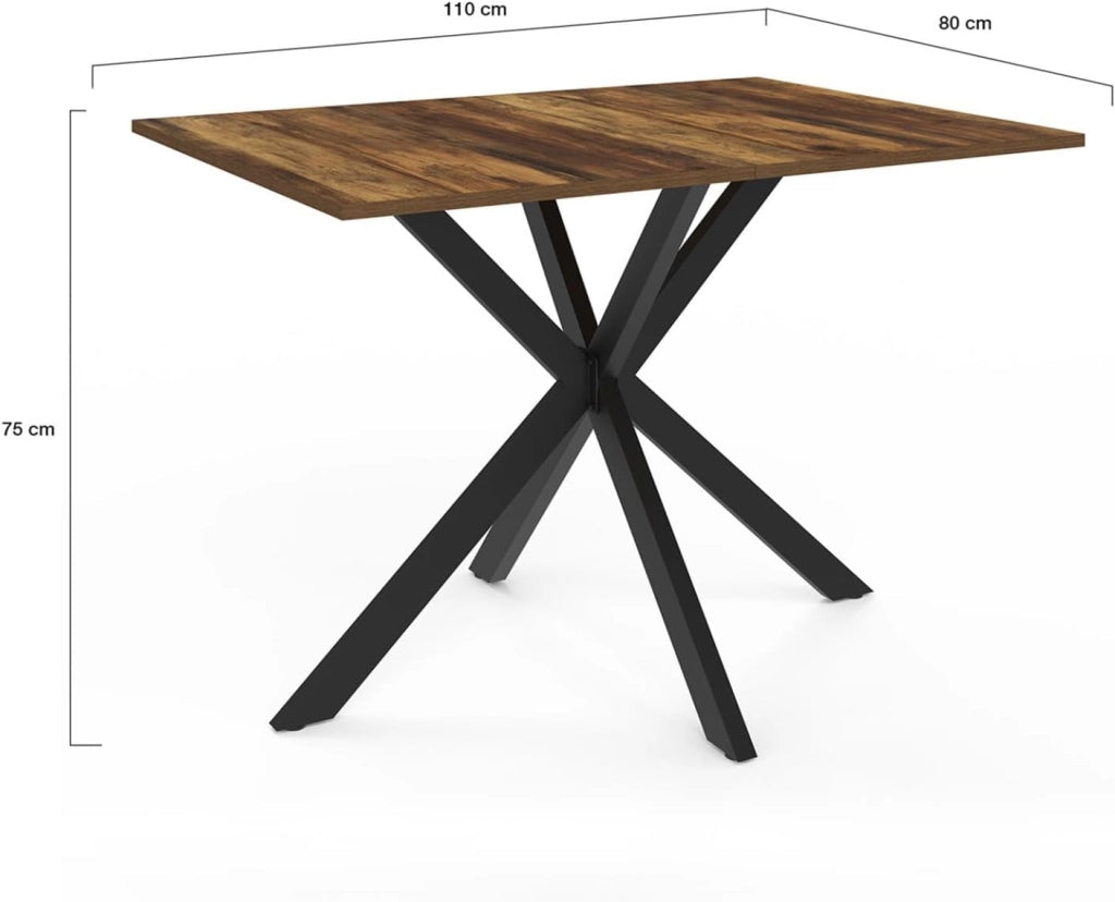 Tavolo da pranzo rettangolare ALIX per 6 persone con gamba a ragno nera e piano in legno scuro HAWKINS 110 cm