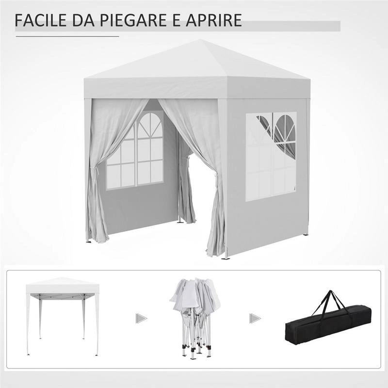 GAZEBO PIEGHEVOLE POP UP 2X2 M CON 4 PARETI RIMOVIBILI IN POLIESTERE E ACCIAIO, BIANCO