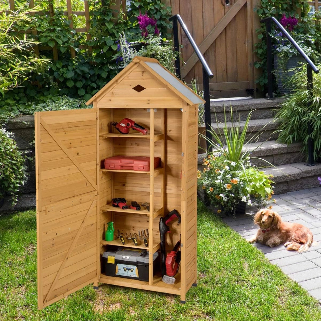 Cassetta Attrezzi 80 x 45 x 177 cm, Armadio da Esterno Portastrumenti a 5 Ripiani Box Casetta Ripostiglio Porta Attrezzi da Giardino in Legno Massello di Abete