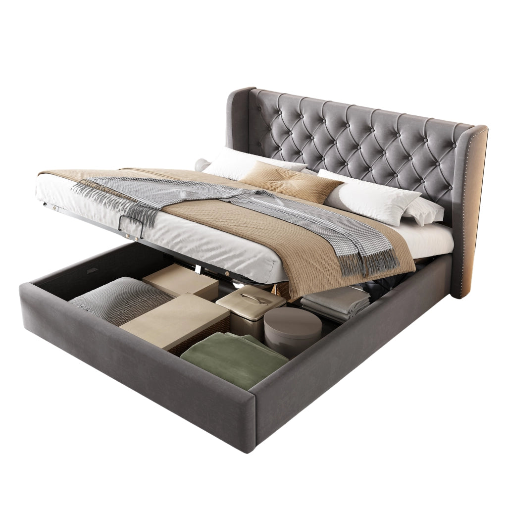 Letto matrimoniale imbottito 140x200 in velluto grigio con testiera alta, contenitore con sollevamento idraulico e rete a doghe