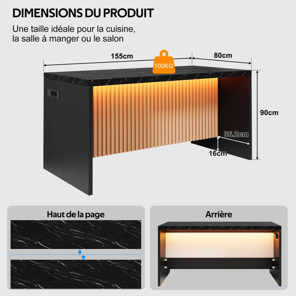 Isola cucina 155x80x90 cm effetto marmo nero con LED; prese elettriche e USB; in MDF