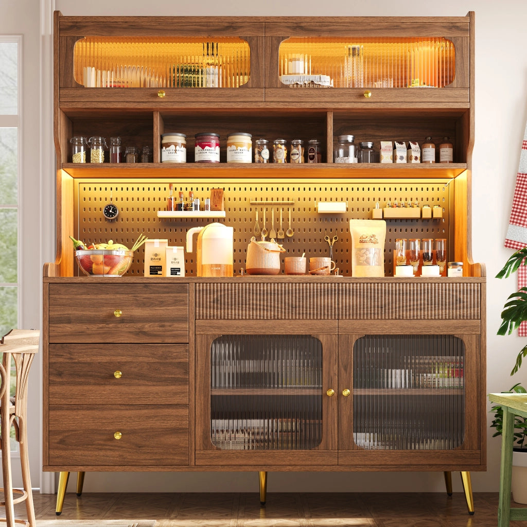 Mobile Alto Multiuso con LED, Cassetto e Ripiani in Vetro ¨C Xylo ¨C Noce, 145x39x171
