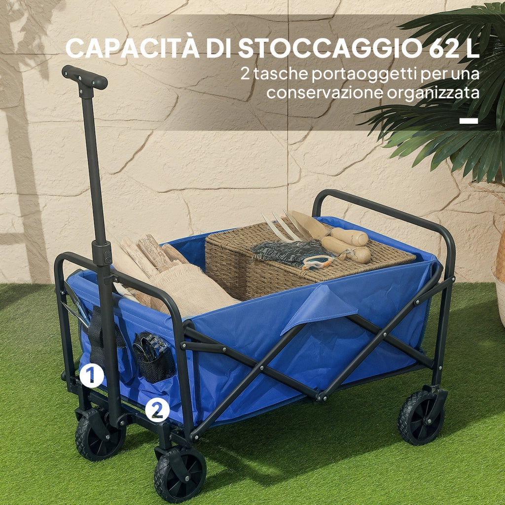 Carrello da Giardino 62L Pieghevole 76x48x86 cm con Maniglia Regolabile in Metallo e Tessuto Oxford Blu