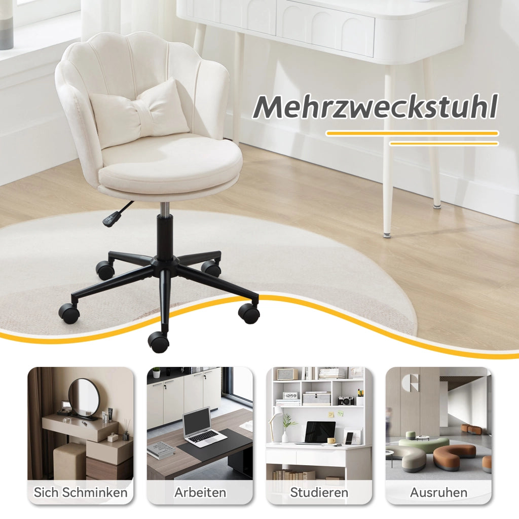 Chaise girevole in velluto con altezza regolabile, supporto lombare e ruote, base a cinque razze beige