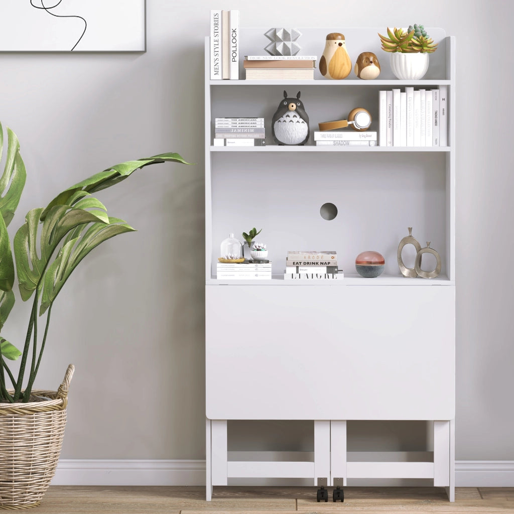 Scrivania Pieghevole 80x69x155 cm con Libreria a 4 Ripiani 2 Ruote e Foro Passacavi in MDF Bianco