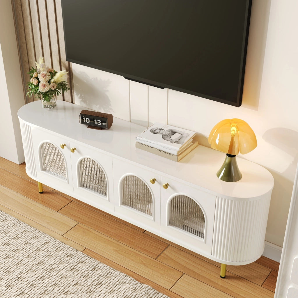 Mobile TV con 4 Ante in Vetro e Passacavi; Maniglie e Gambe Dorate; Stile Elegante; 170??35??55 cm; in MDF; Bianco+Oro