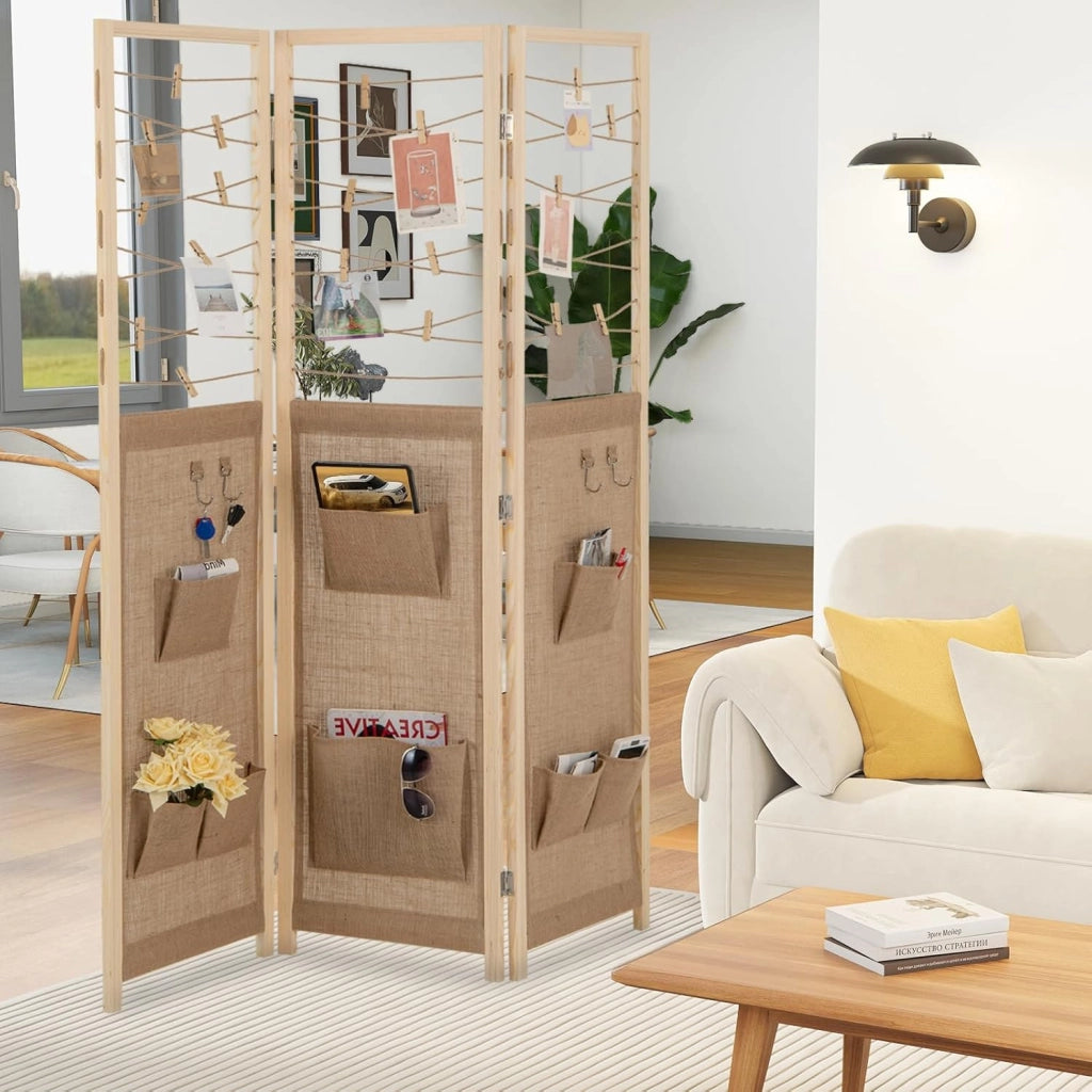 Paravento a 3 Pannelli, Separé Divisorio Pieghevole con 8 Tasche, 4 Ganci, Corde di Iuta per Appendere e 20 Clip in Bambù, Separatore di Spazio in Legno Boho per Casa e Negozi