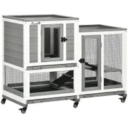 Conigliera interna in legno con ruote 3 piani rampe, 110L x 50l x 86H cm, grigio e bianco