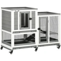 Conigliera interna in legno con ruote 3 piani rampe, 110L x 50l x 86H cm, grigio e bianco