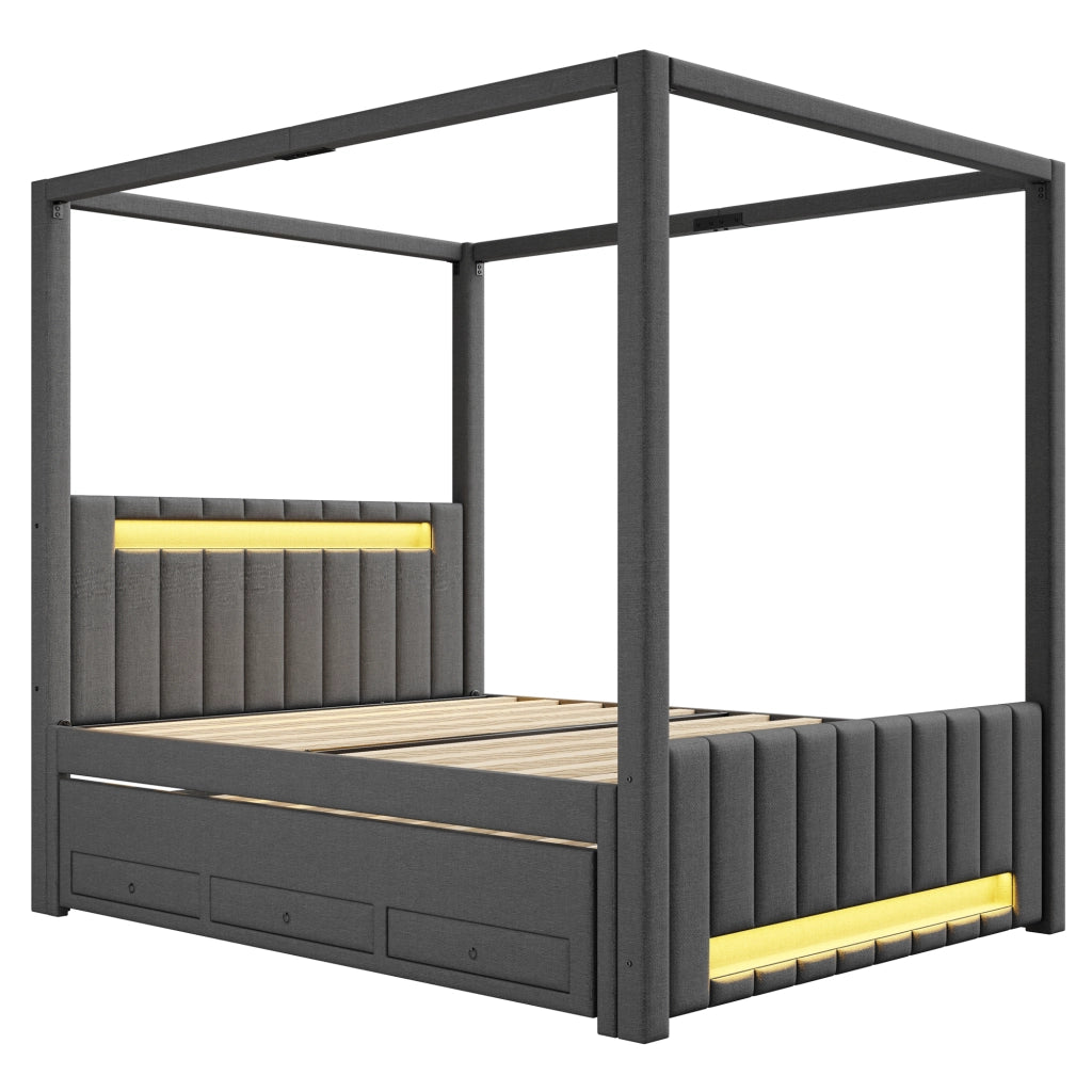 LETTO A BALDACCHINO 140x200 cm Grigio in lino e MDF con letto estraibile, cassetti e LED