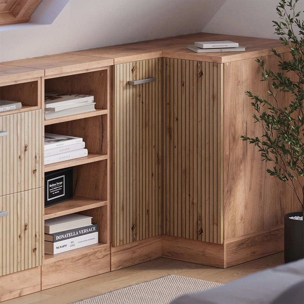 Mobile cucina angolare per sottotetto R-Line Rovere artigianale/Rovere dorato 75.6 cm con 1 porta, carcassa dell’armadio profondità 60 cm Vicco