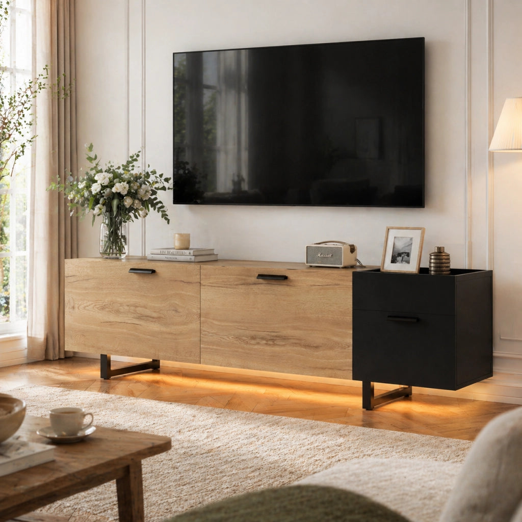 Mobile porta TV con LED e struttura sospesa in legno nero con cassetti e vani aperti 180 × 38 × 49 cm