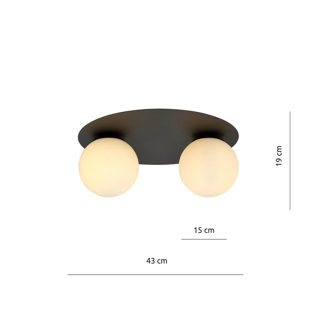 Plafoniera Minimal 2 Luci Mnemosine In Acciaio Nero E Sfere Di Vetro Opale