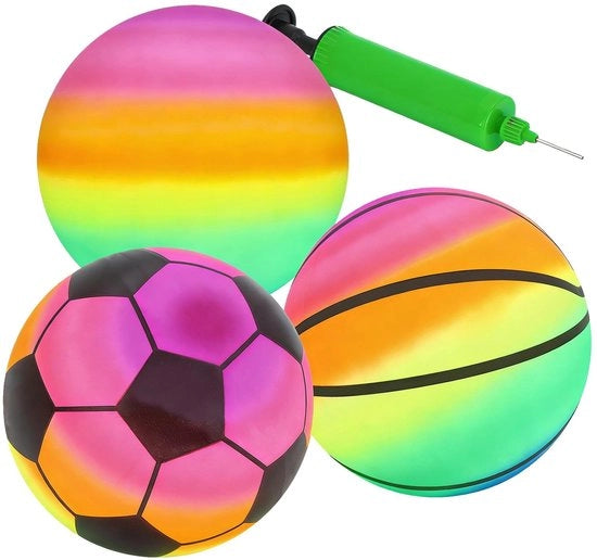 Set di palloni da basket e calcio gonfiabili 3 pezzi - colore arcobaleno - giocattolo per giardino esterno - attività estive per bambini - inclusa pompa - pallone gonfiabile