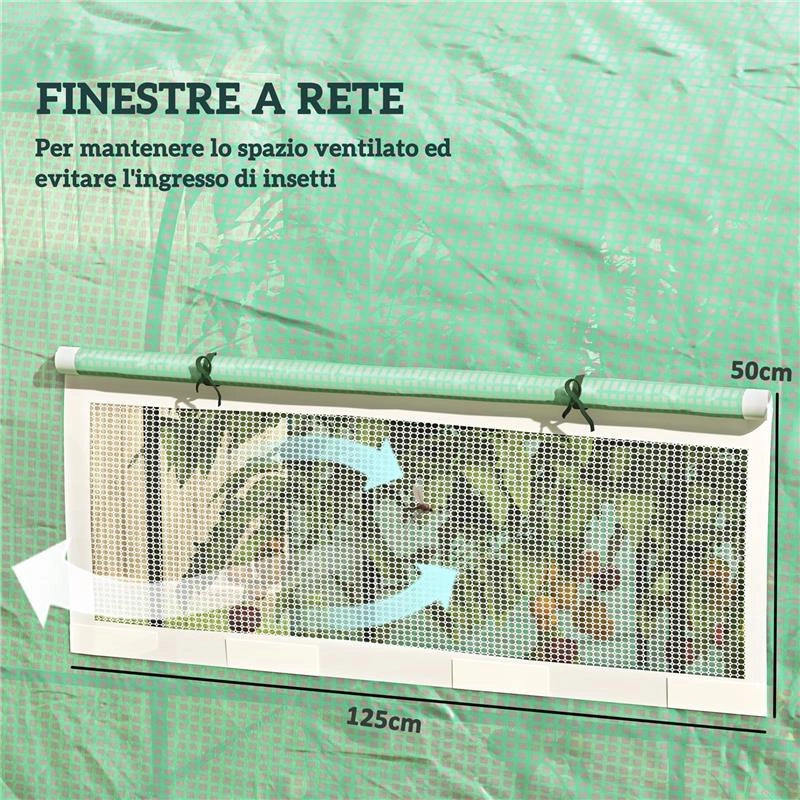 SERRA A TUNNEL PER ORTO 3X2X2 M IN ACCIAIO E PE ANTI UV CON PORTE AVVOLGIBILI E FINESTRE, VERDE