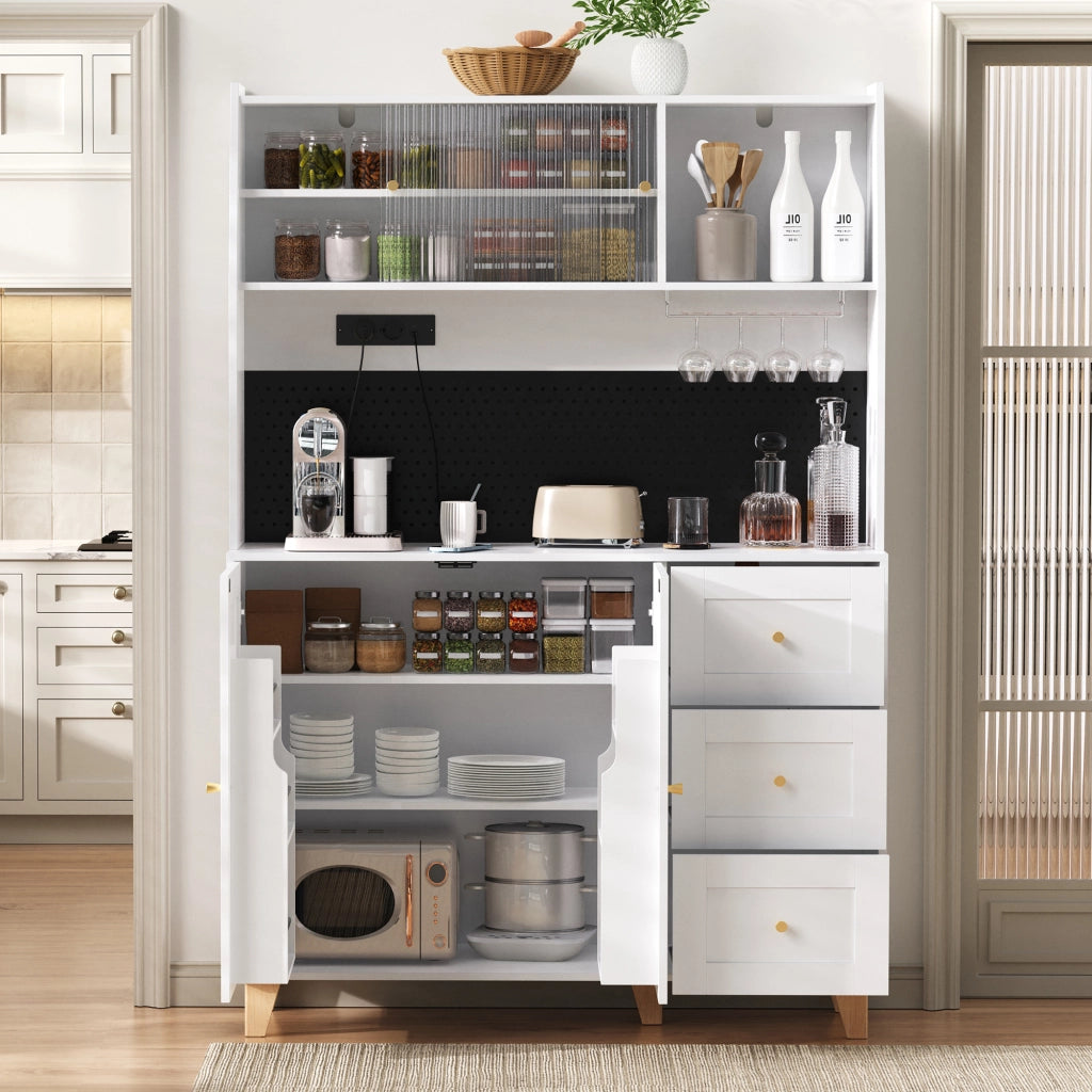 Credenza alta da cucina con 3 Cassetti; Ripiani Regolabili; Prese e Pannello Forato; in MDF; 120x40x184 cm; Bianco