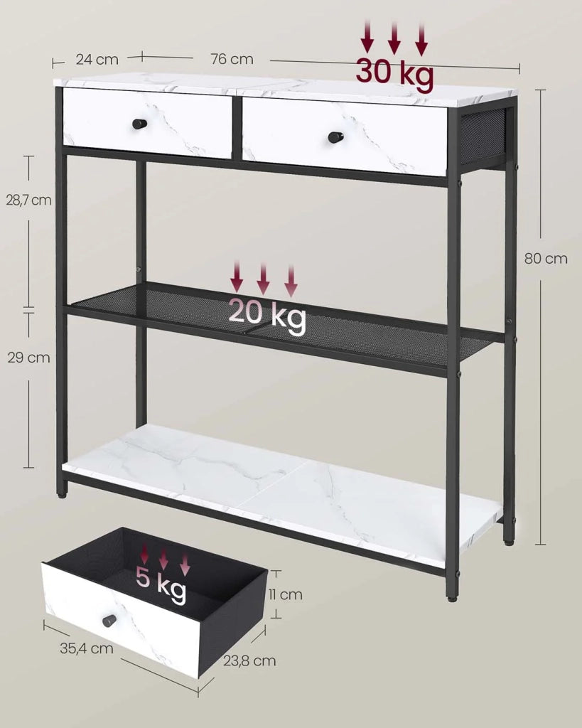 Tavolino da ingresso stretto con 2 cassetti in tessuto tavolino da ingresso/consolle a 3 ripiani 24 x 76 x 80 cm per ingresso/soggiorno marrone rustico e nero inchiostro 12_0008000