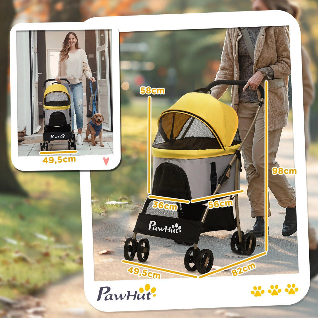 Carrello pieghevole 2 in 1 per cani e gatti con cesta e tasca, ruote con freno, guinzagli di sicurezza, acciaio, giallo