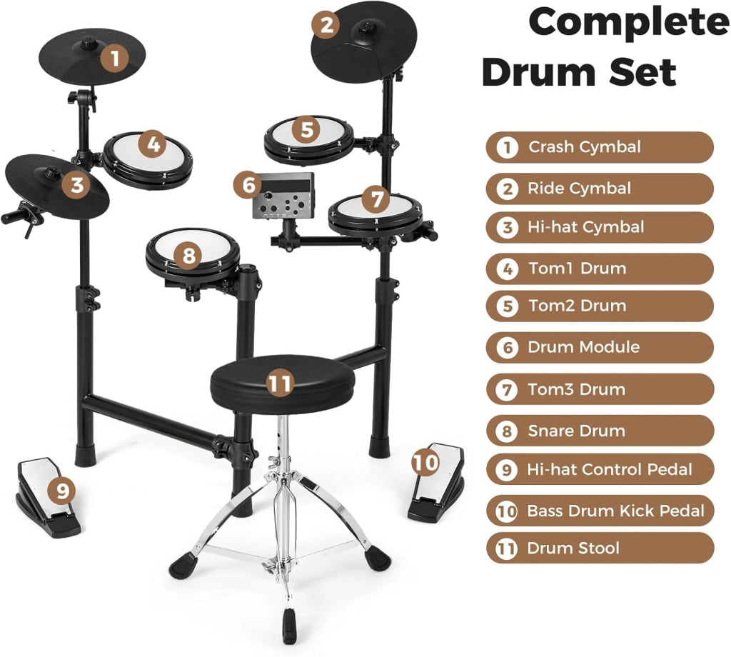Batteria elettronica con pad, batteria musicale con 150 suoni, 10 dimostrazioni, piatti da 24 cm, strumento musicale con sgabello regolabile, pedali, bacchette e auricolari, USB MIDI