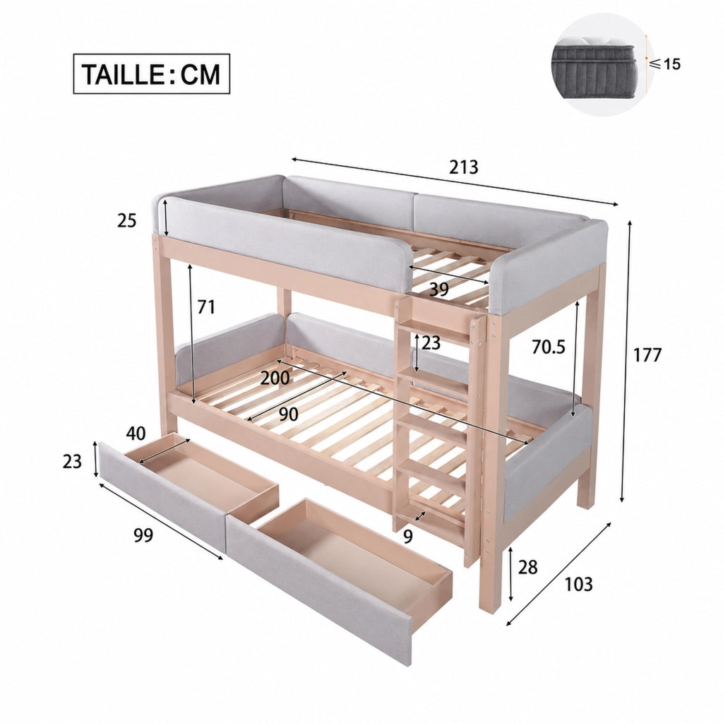 LETTO A CASTELLO 90x200 cm Grigio+Naturale con 2 cassetti e scala