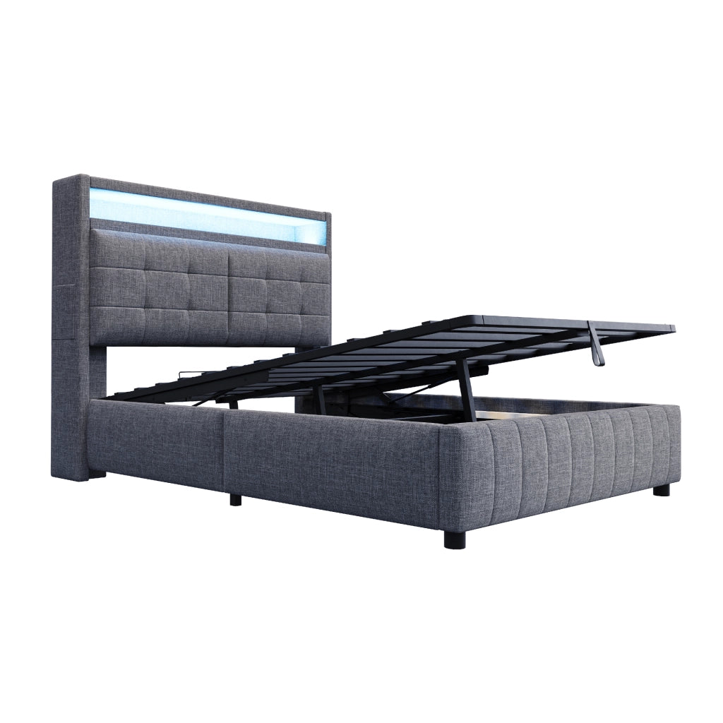 OKWISH Letto Contenitore 140×200 cm, Letto Matrimoniale con LED Regolabile, USB, Mensole e Contenitore Idraulico, senza Materasso, in Tessuto Grigio