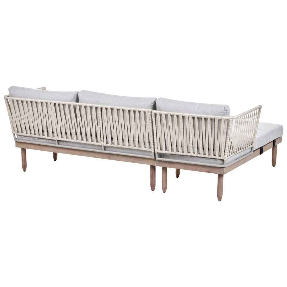 Set Lounge da Esterno in Legno di Acacia con Cuscini Grigi Poltrona in Finto Rattan Tavolino Destro 4 Posti
