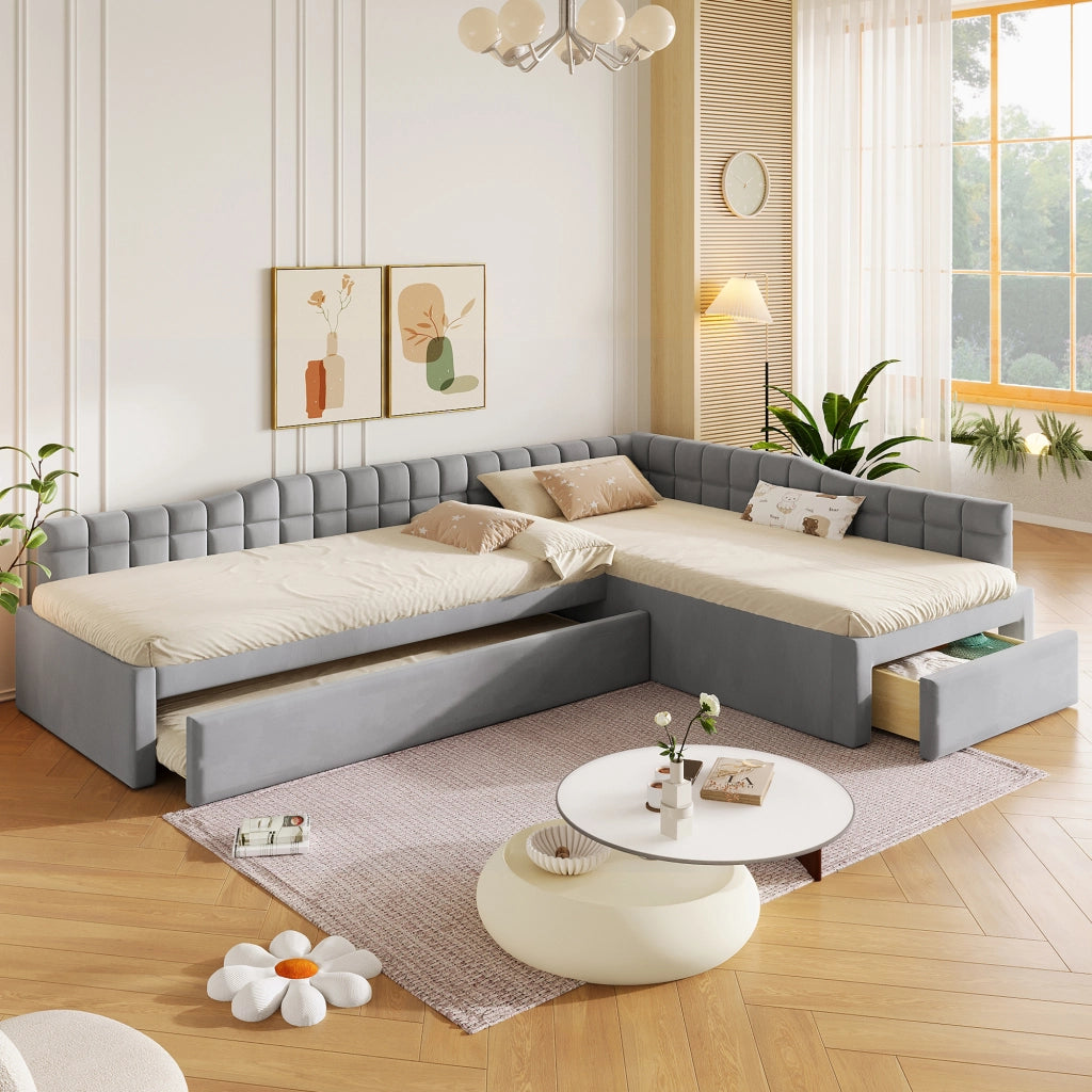 Letto combinato a L 90 × 200 cm con letto estraibile, 2 cassetti, senza materasso, in flanella grigio