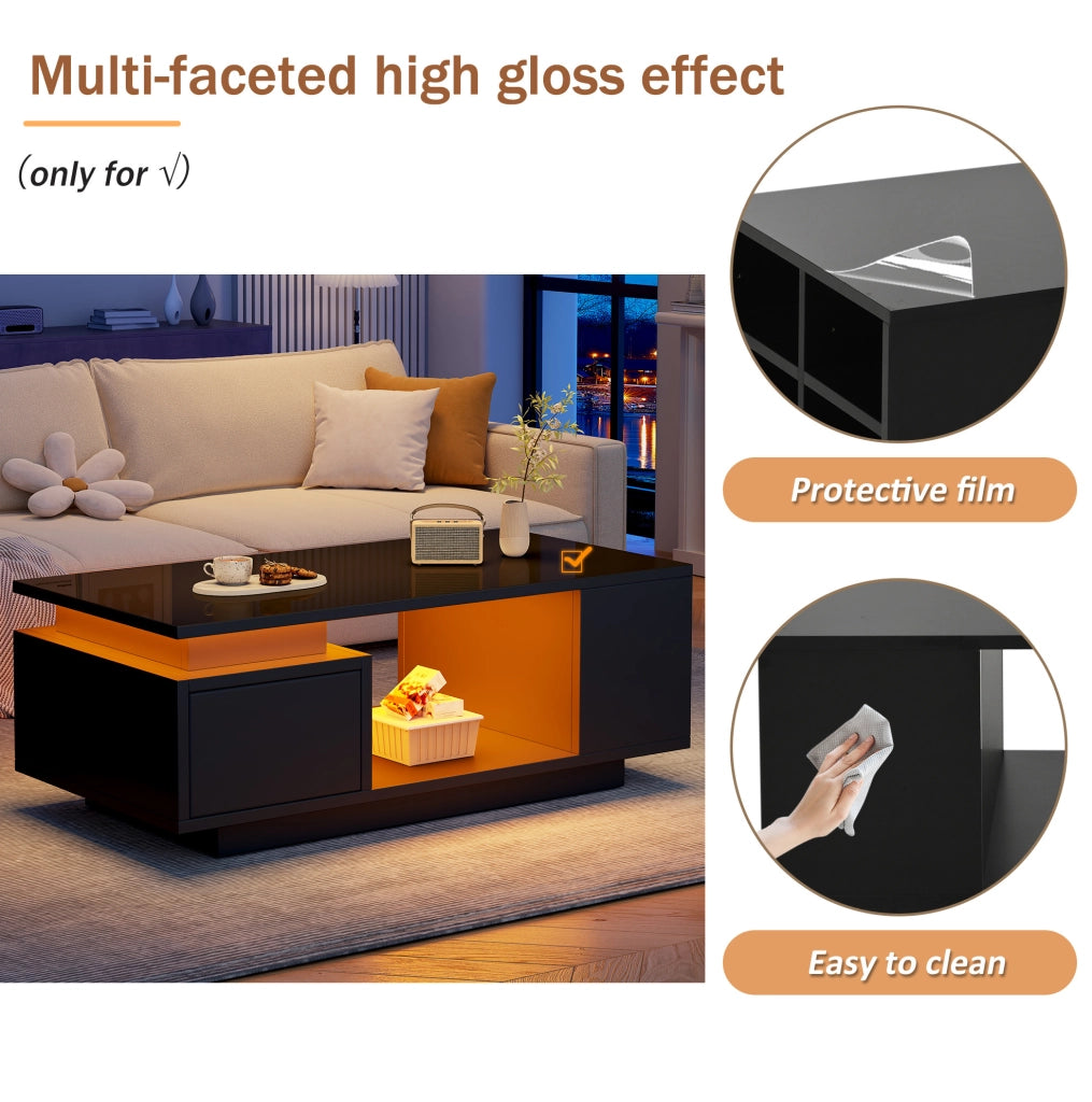 Tavolino da salotto 100x50x36 cm nero lucido con LED; cassetto e vani laterali