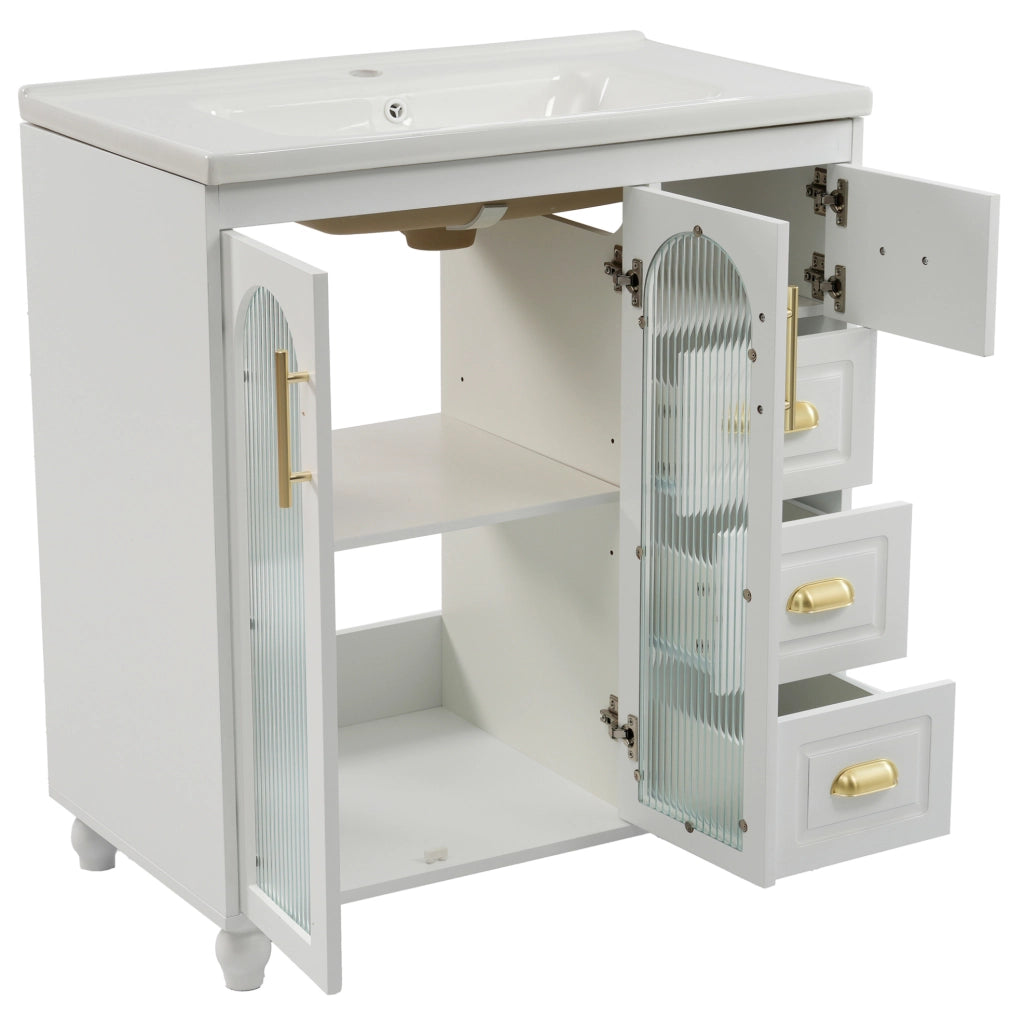 Mobile bagno con lavabo 80 cm in MDF bianco con lavabo in porcellana e 3 cassetti