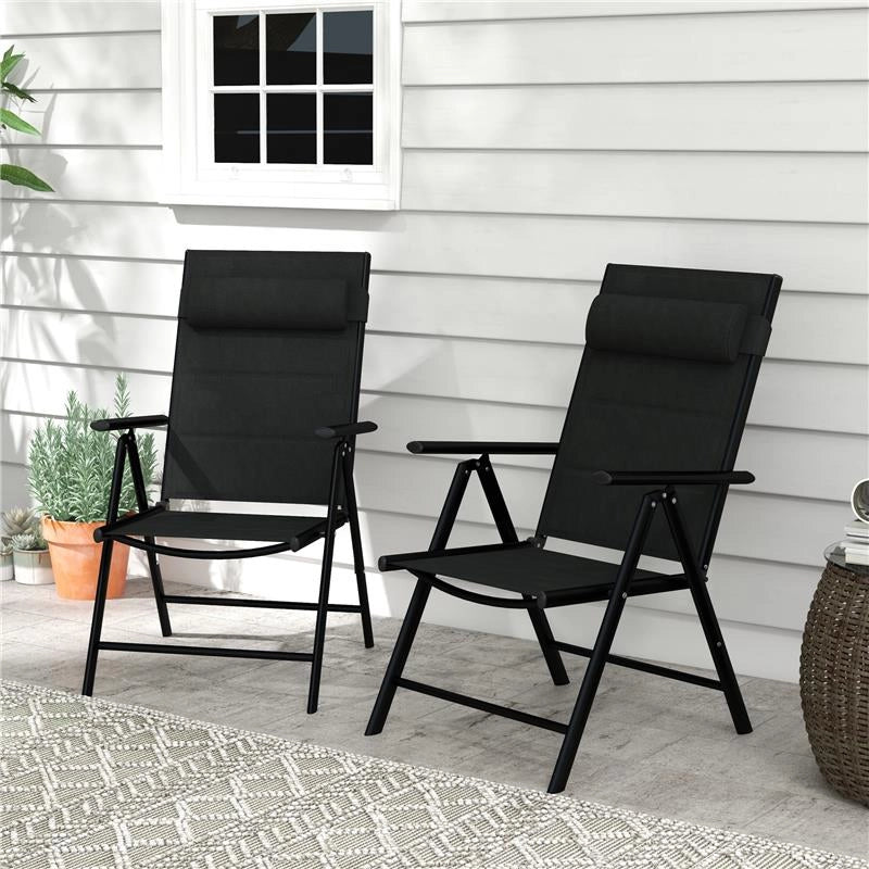 SET 2 SEDIE PIEGHEVOLI CON SCHIENALE RECLINABILE E POGGIATESTA, IN ALLUMINIO E POLIESTERE, 54X67X108 CM, NERO